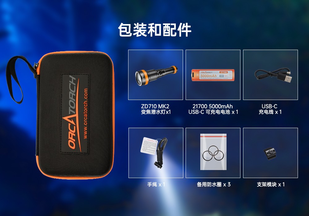 木瓜视频OrcaTorch，ZD710 MK2變焦潛（qián）水燈，ZD710 MK2技術潛水手電筒，水下（xià）探險照明，水下搜索燈，沉船（chuán）照明燈，變焦潛水手電