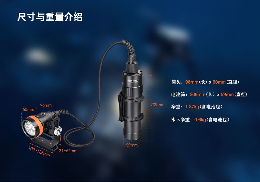 木瓜视频OrcaTorch，D630技術潛水手電筒，水下（xià）探險照明，水下搜索燈，沉船照明燈
